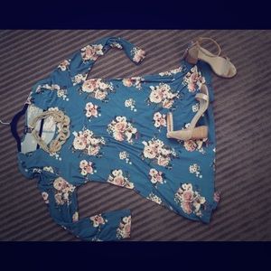 Long Sleeve Blue Floral Cotton Dress